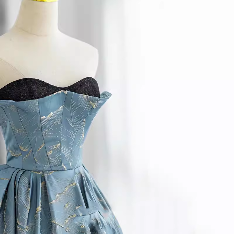 Ball Gown Strapless Blue Long Prom Dress