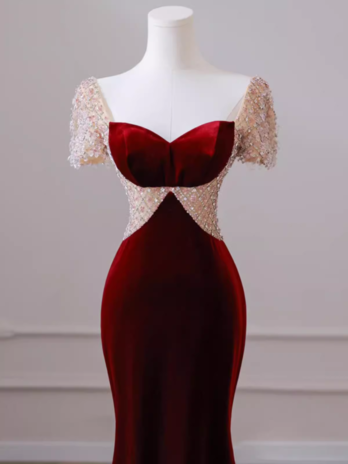 Mermaid Short Sleeves Burgundy Long Prom Dress