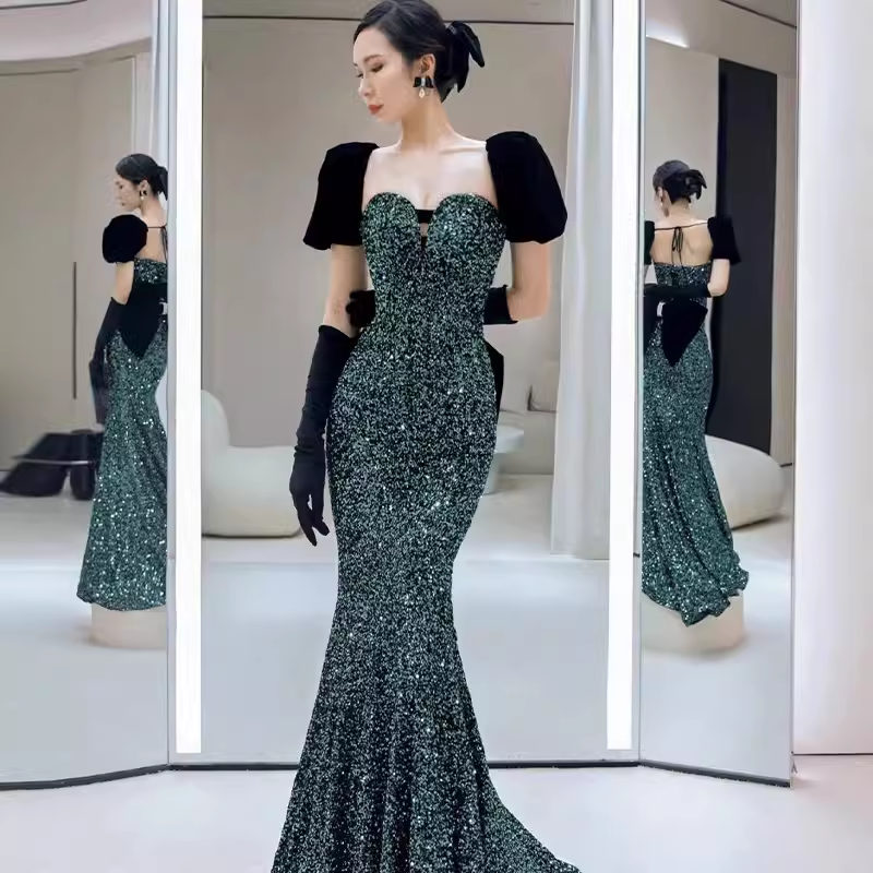 Mermaid Short Sleeves Green Sequin Long Prom Dress