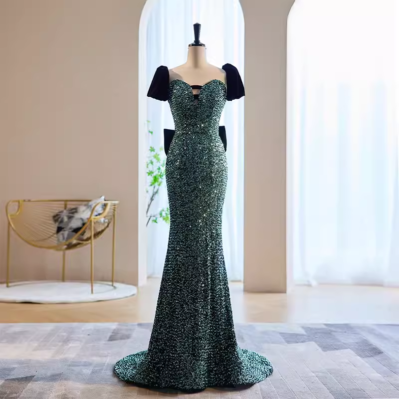 Mermaid Short Sleeves Green Sequin Long Prom Dress