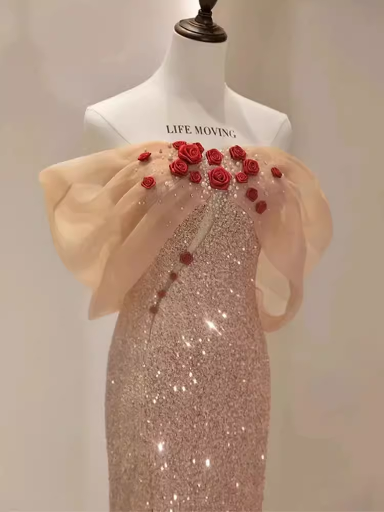 Mermaid Off The Shoulder Short Sleeves Sequin Long Prom Dress