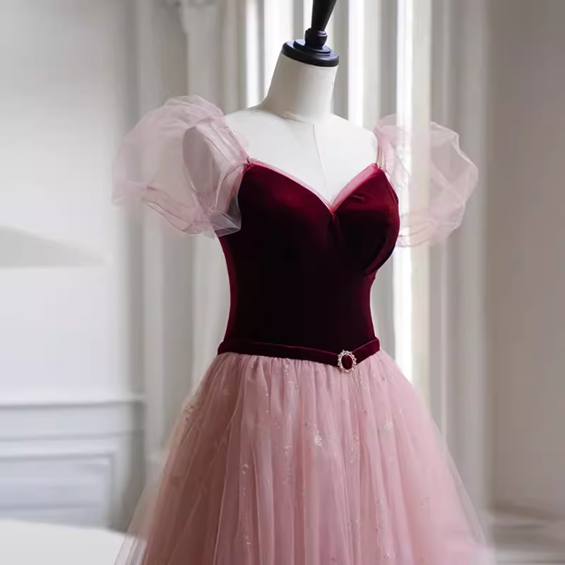 Simple A line Short Sleeves Tulle Long Prom Dress