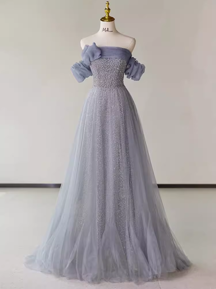 Simple A line Strapless Short Sleeves Tulle Long Prom Dress