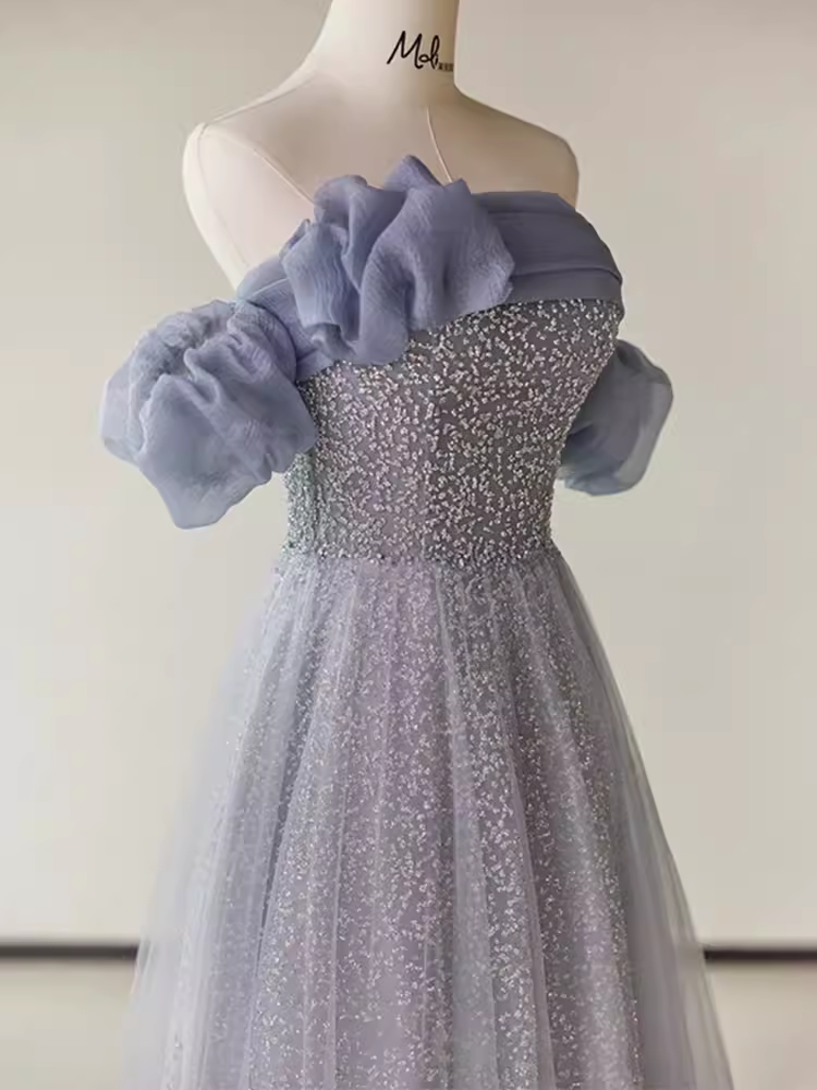 Simple A line Strapless Short Sleeves Tulle Long Prom Dress