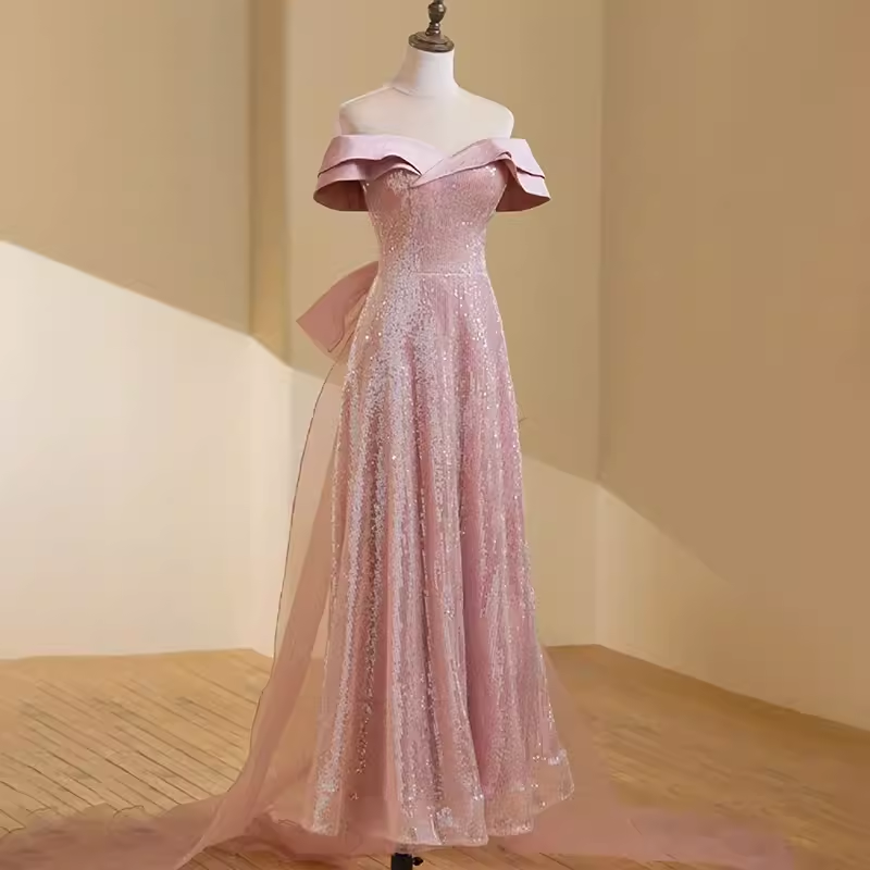 Simple A line Off The Shoulder Short Sleeves Pink Long Prom Dress
