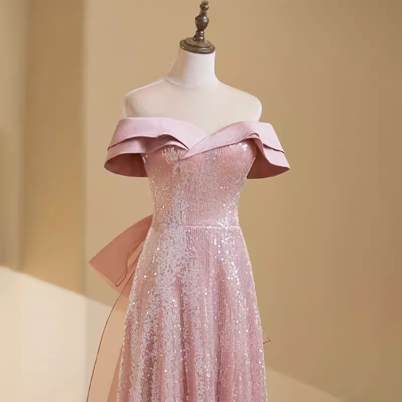 Simple A line Off The Shoulder Short Sleeves Pink Long Prom Dress
