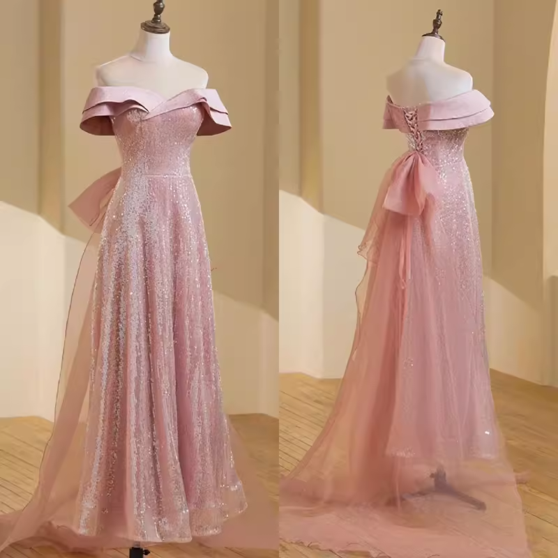 Simple A line Off The Shoulder Short Sleeves Pink Long Prom Dress