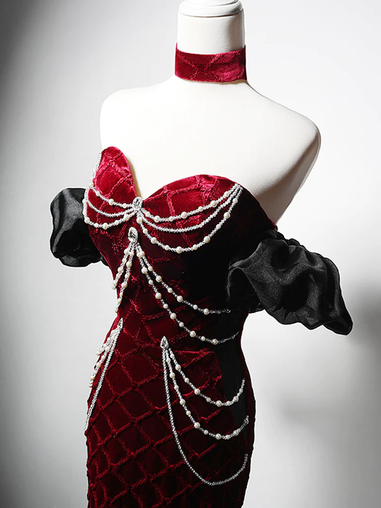 Unique Mermaid Velvet Burgundy Long Prom Dress