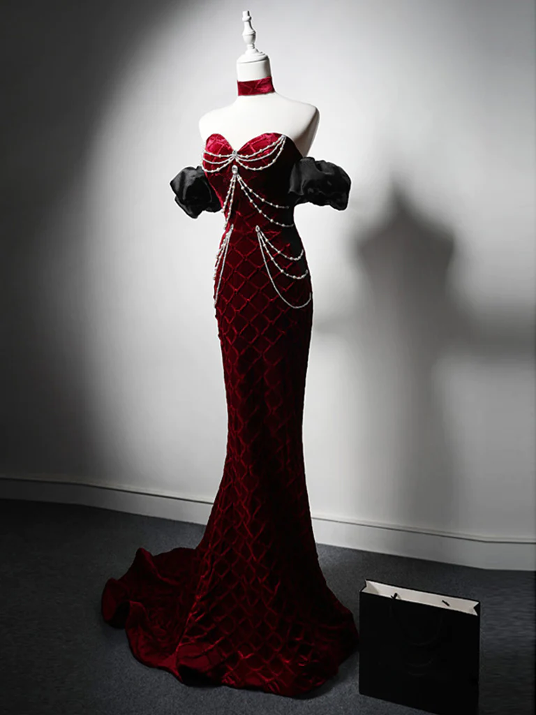 Unique Mermaid Velvet Burgundy Long Prom Dress