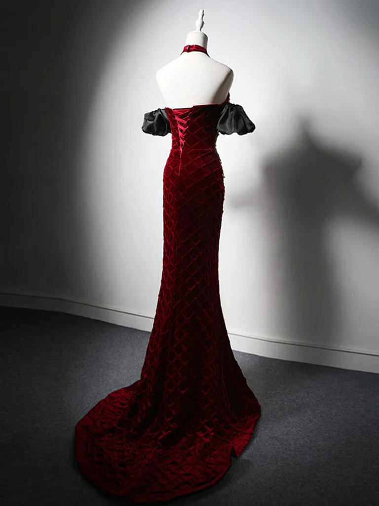 Unique Mermaid Velvet Burgundy Long Prom Dress