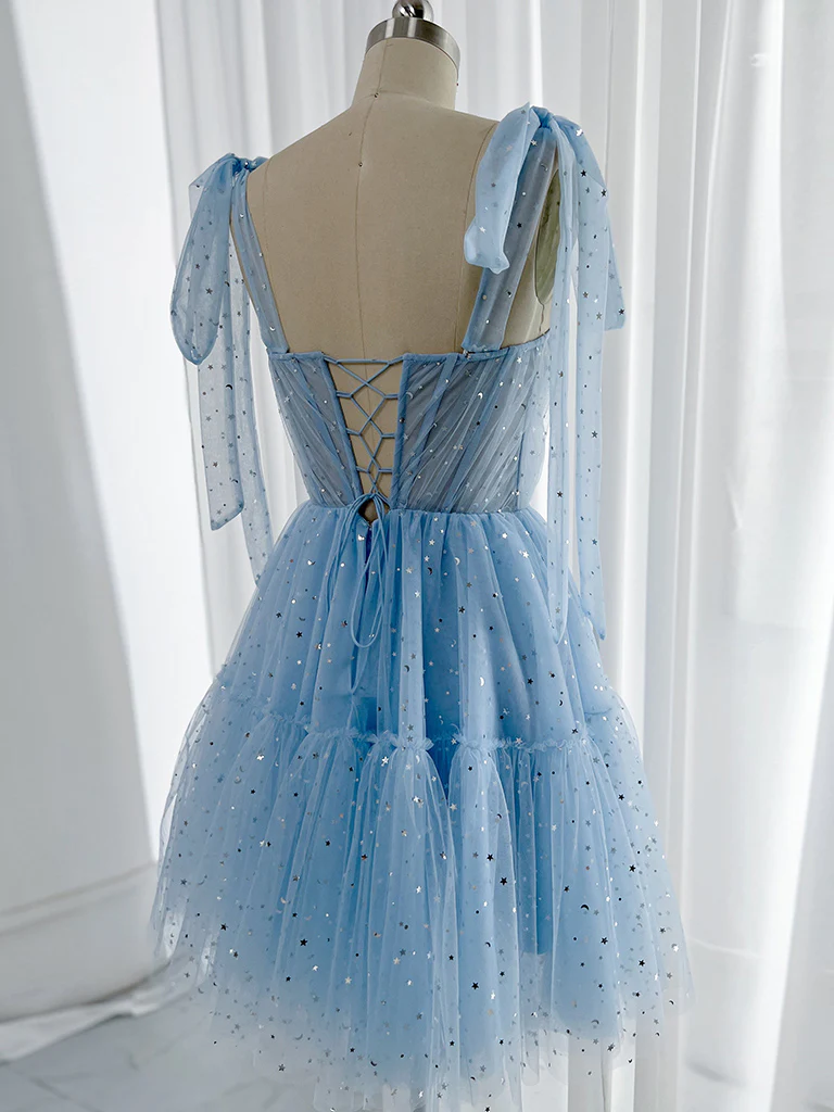 A-Line Sweetheart Neck Tulle Blue Short Homecoming Dresses