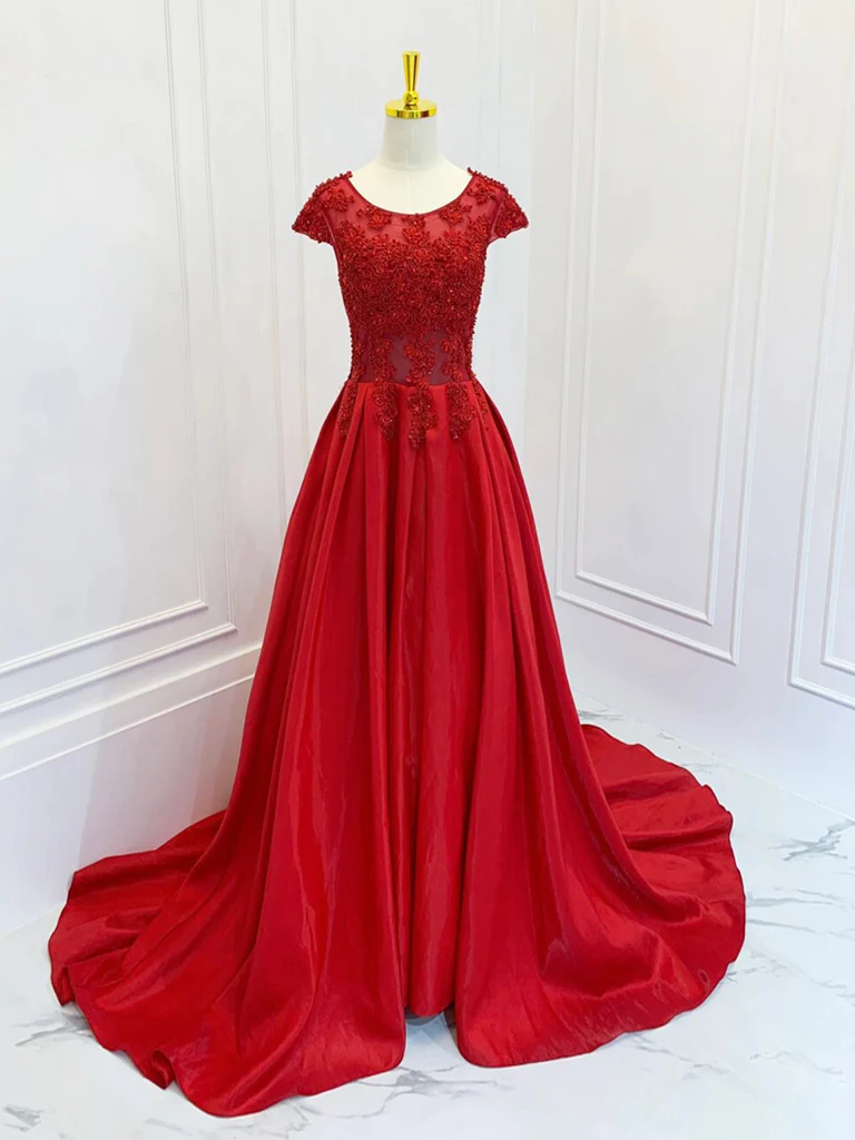 A-Line Scoop Neckline Satin Lace Burgundy Long Prom Dress