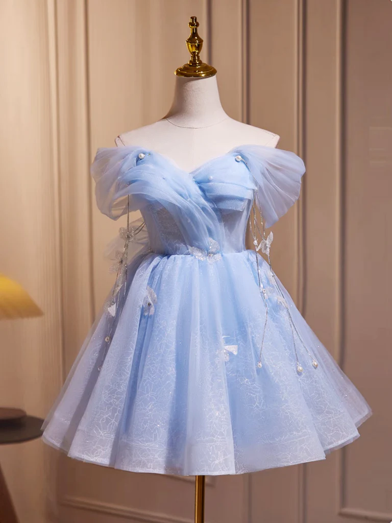 A-Line Off Shoulder Tulle Short Homecoming Dresses