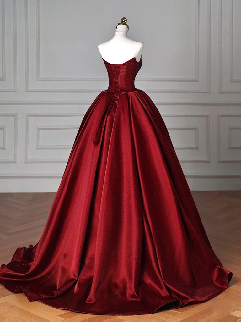 Simple A line Satin Burgundy Long Prom Dress