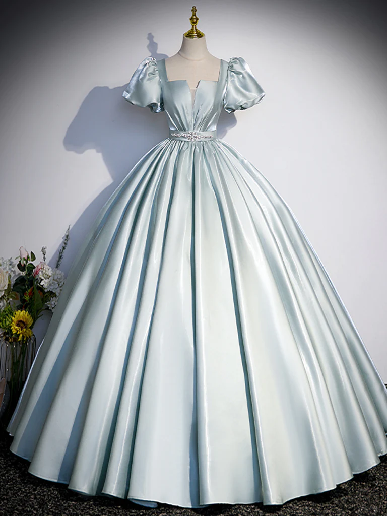 Vintage Ball Gown Blue Satin Long Prom Dress Sweet 16 Dress