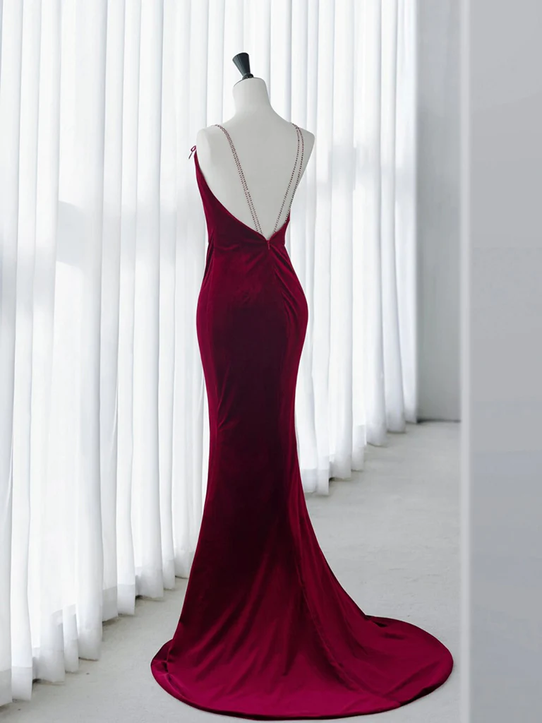 Simple Velvet Mermaid Burgundy Long Prom Dress
