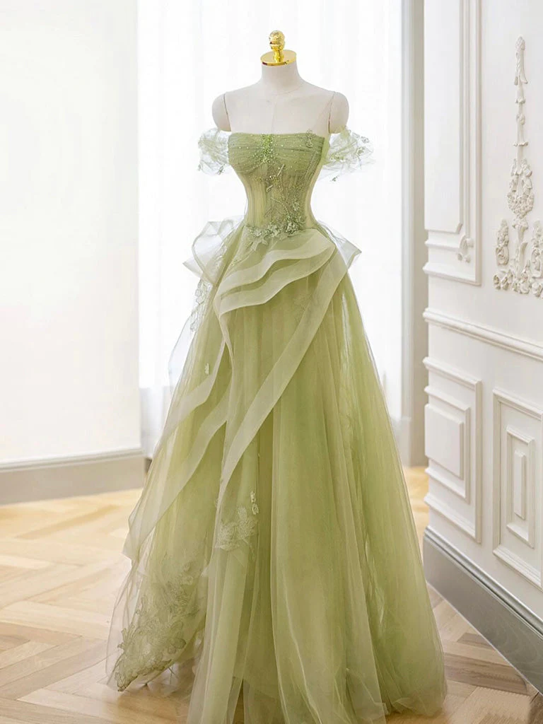 A-Line Off Shoulder Tulle Lace Green Long Prom Dress