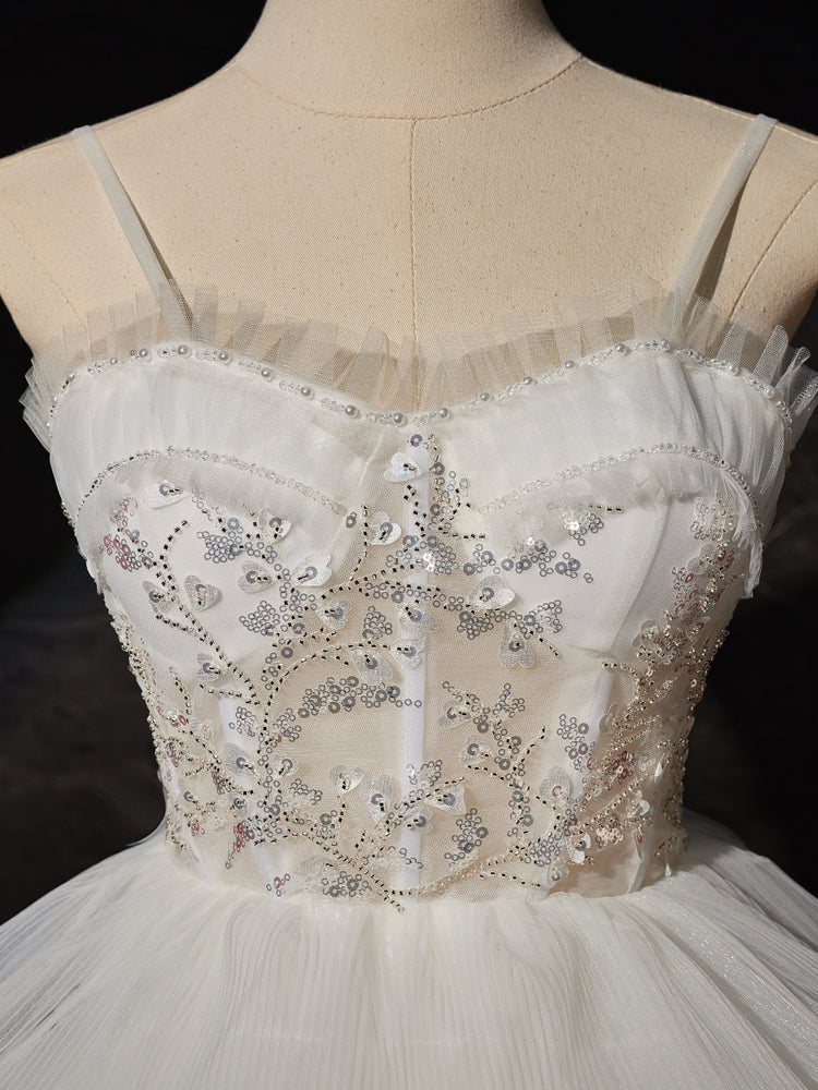 White Sweetheart Neck High Low White Prom Dress