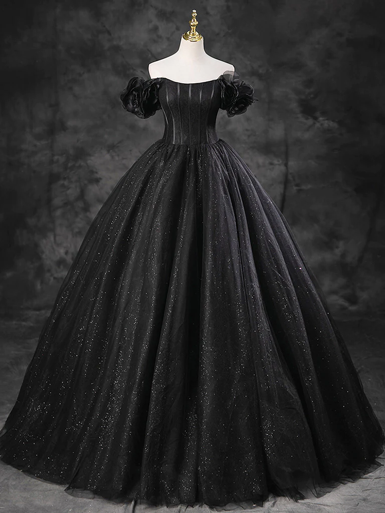 Ball Gown Off Shoulder Tulle Black Long Sweet 16 Dress