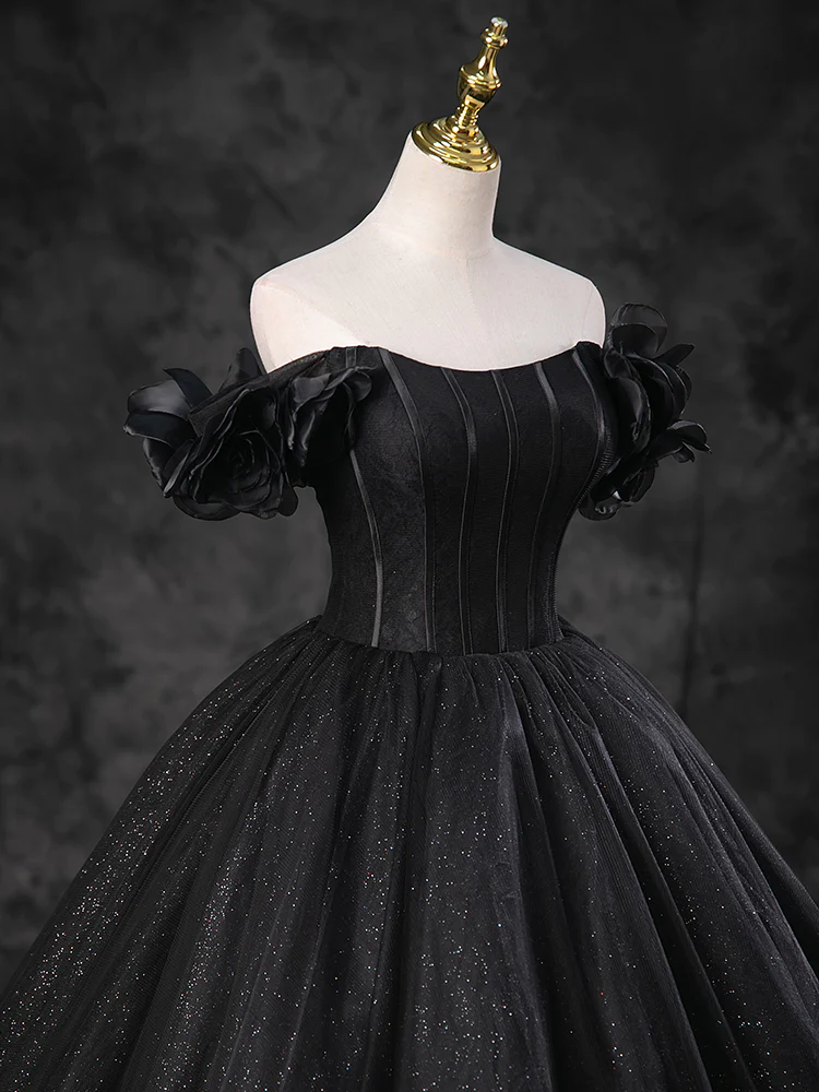 Ball Gown Off Shoulder Tulle Black Long Sweet 16 Dress