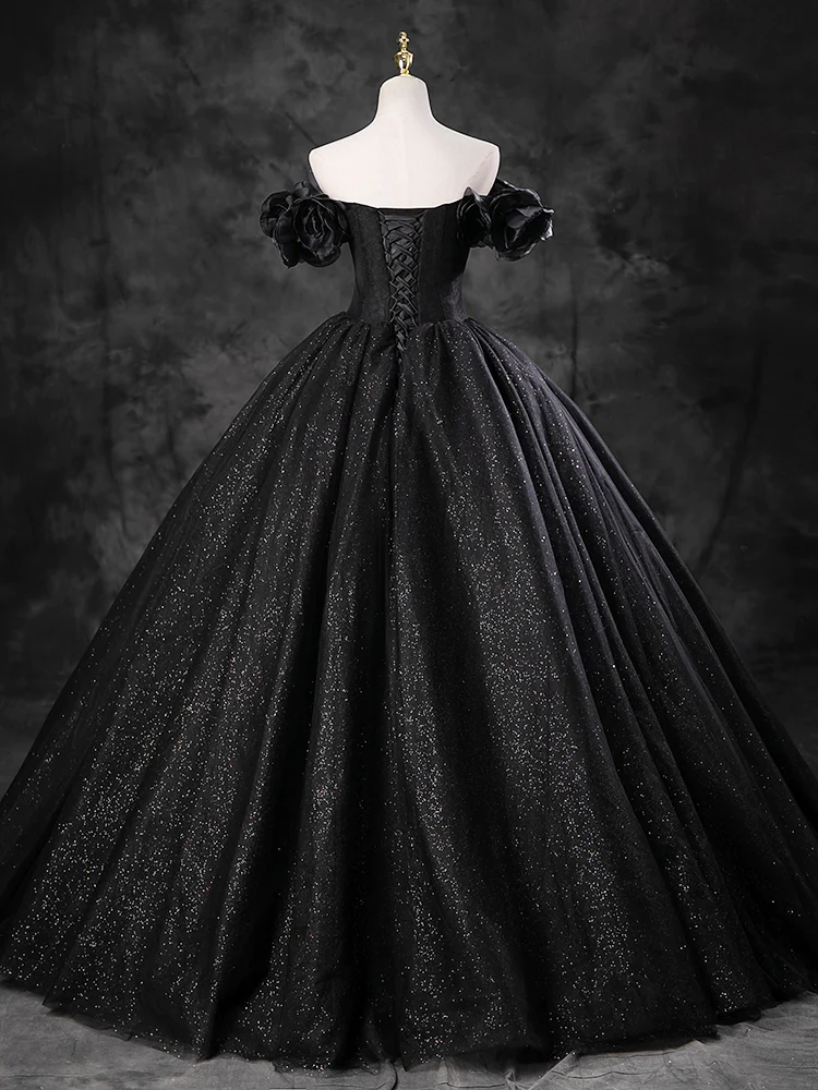 Ball Gown Off Shoulder Tulle Black Long Sweet 16 Dress