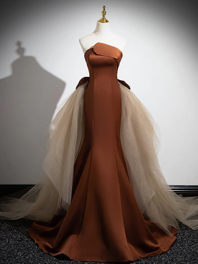 Mermaid Satin Tulle Long Brown Prom Dress