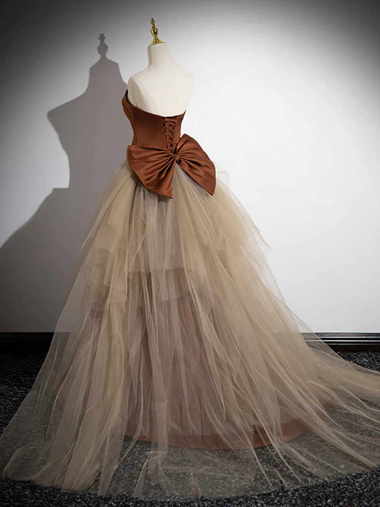 Mermaid Satin Tulle Long Brown Prom Dress