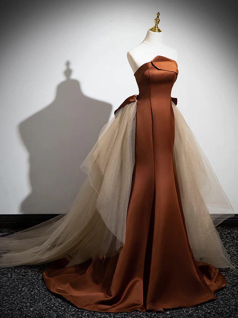 Mermaid Satin Tulle Long Brown Prom Dress