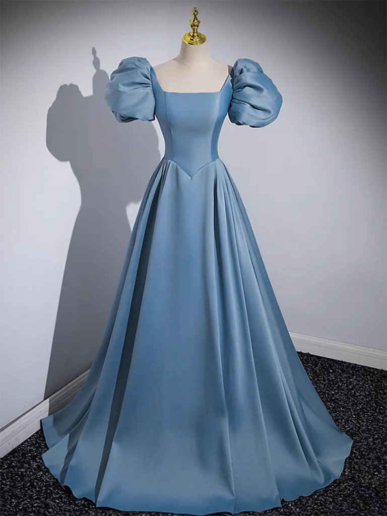 Simple A-Line Satin Blue Long Prom Dress