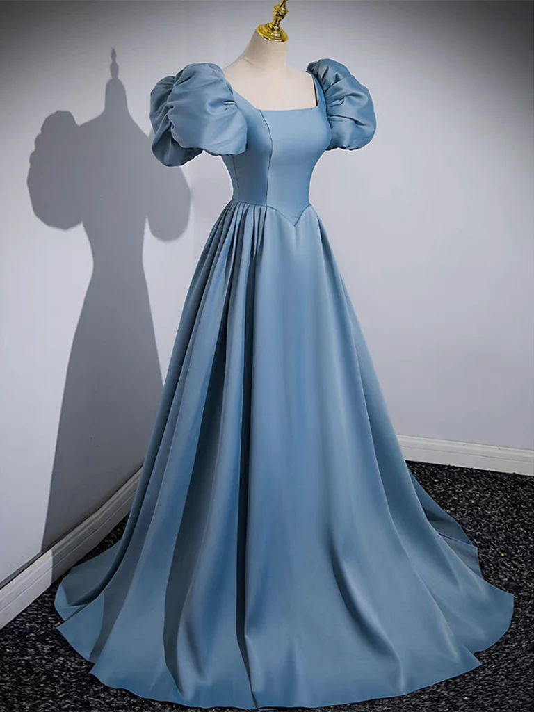 Simple A-Line Satin Blue Long Prom Dress