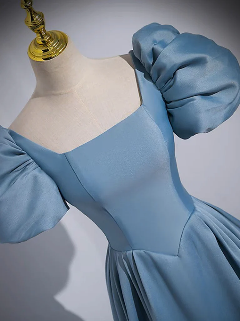 Simple A-Line Satin Blue Long Prom Dress