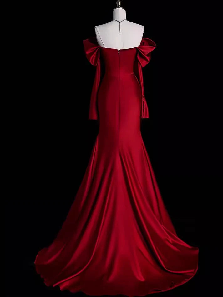 Burgundy Off The Shoulder Mermaid Long Satin Prom Dress Formal Party Evening Gown