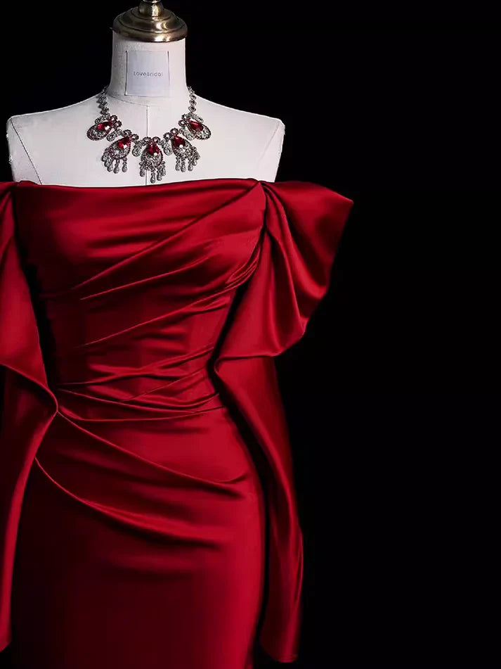 Burgundy Off The Shoulder Mermaid Long Satin Prom Dress Formal Party Evening Gown