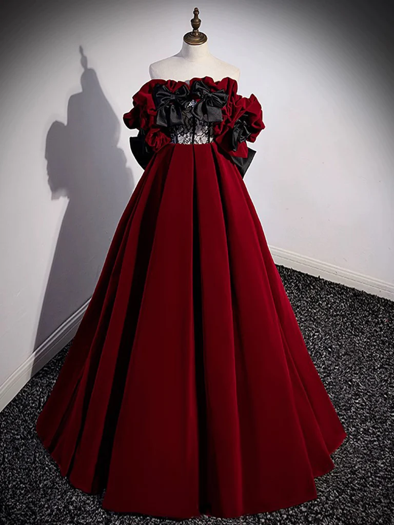 A-Line Off Shoulder Velvet Lace Burgundy Long Prom Dress