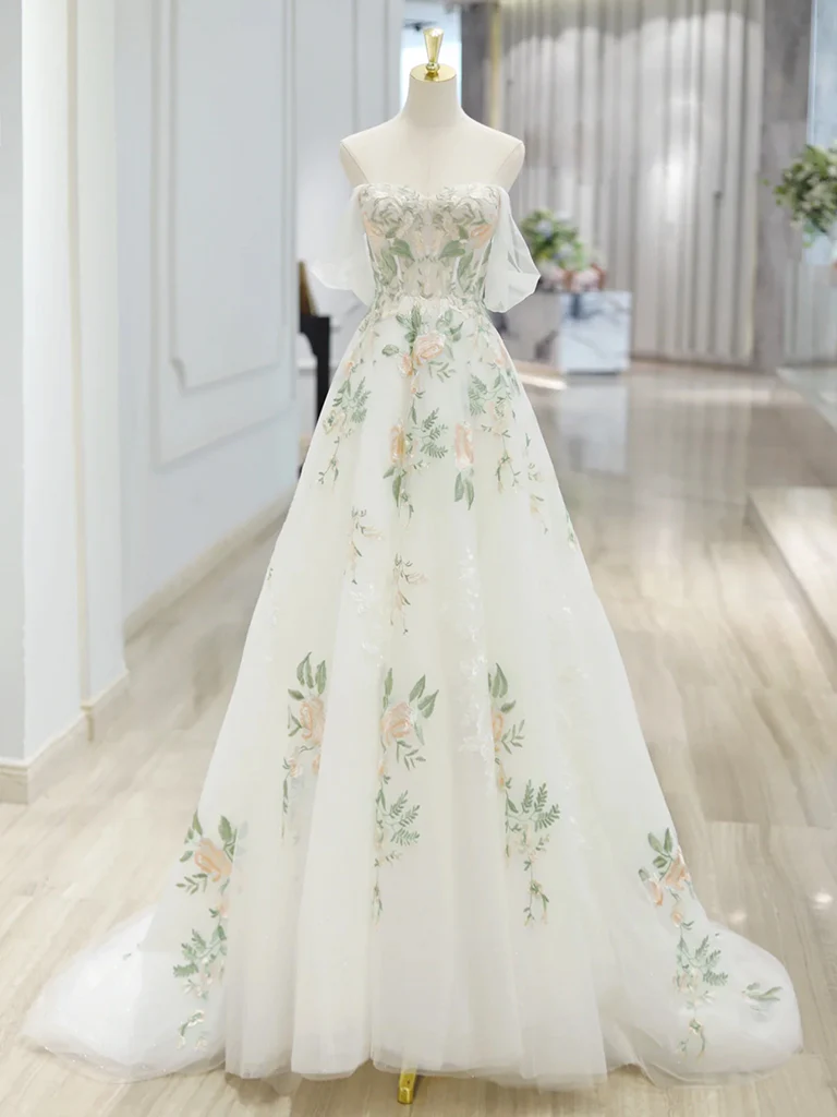 A-Line Off Shoulder Tulle Lace Applique White Long Prom Dress