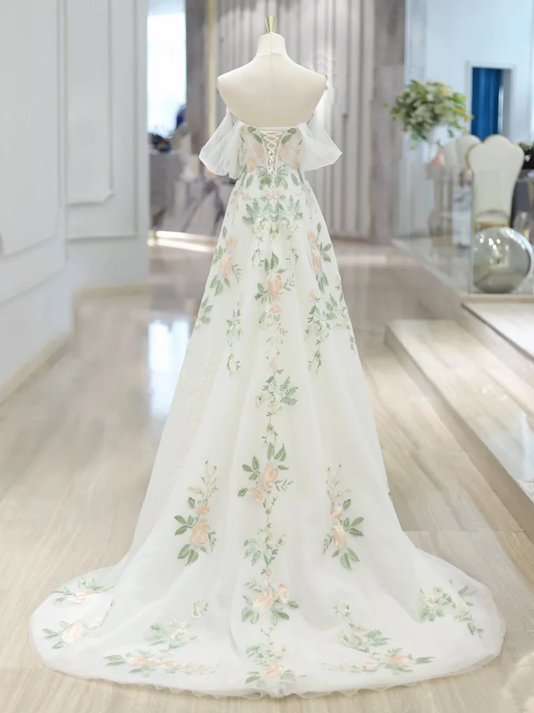 A-Line Off Shoulder Tulle Lace Applique White Long Prom Dress