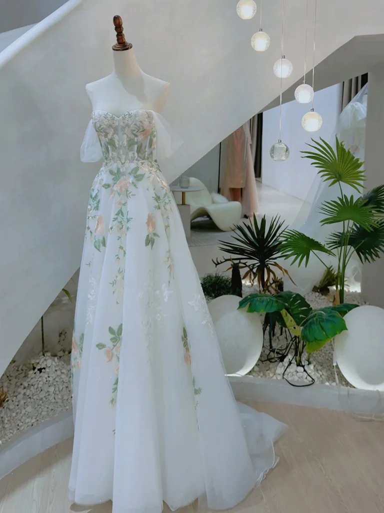 A-Line Off Shoulder Tulle Lace Applique White Long Prom Dress