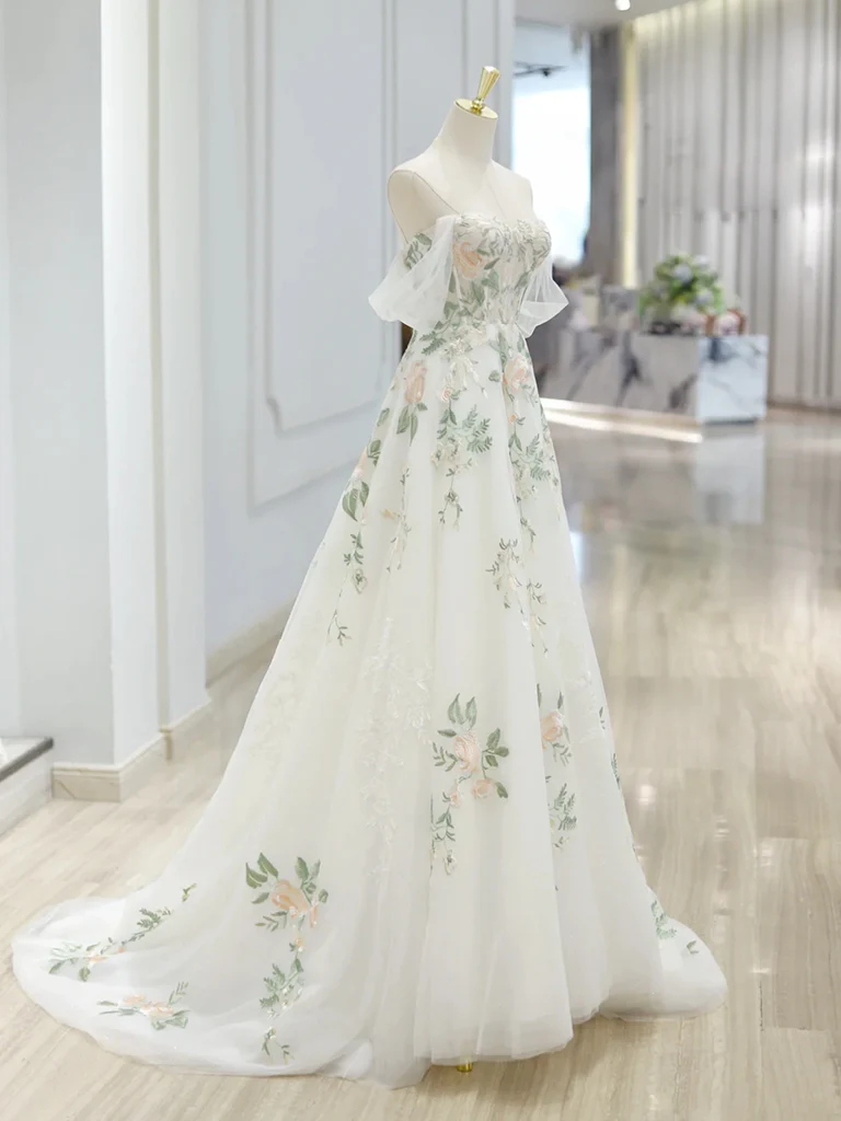 A-Line Off Shoulder Tulle Lace Applique White Long Prom Dress