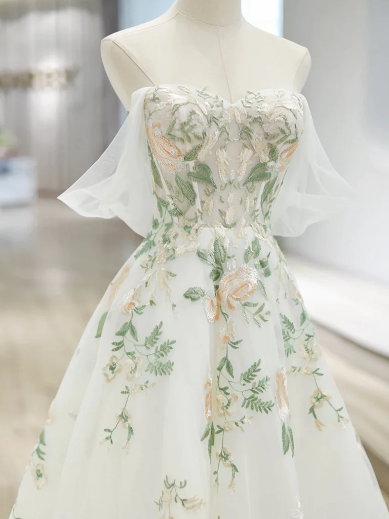 A-Line Off Shoulder Tulle Lace Applique White Long Prom Dress