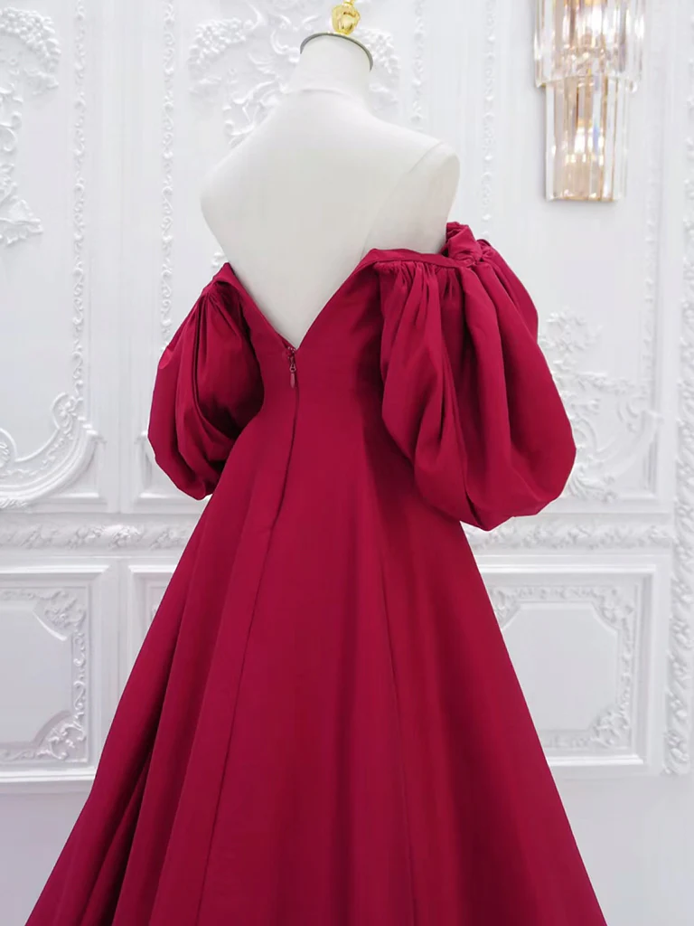 A-Line Puff Sleeves Satin Dark Red Long Prom Dress