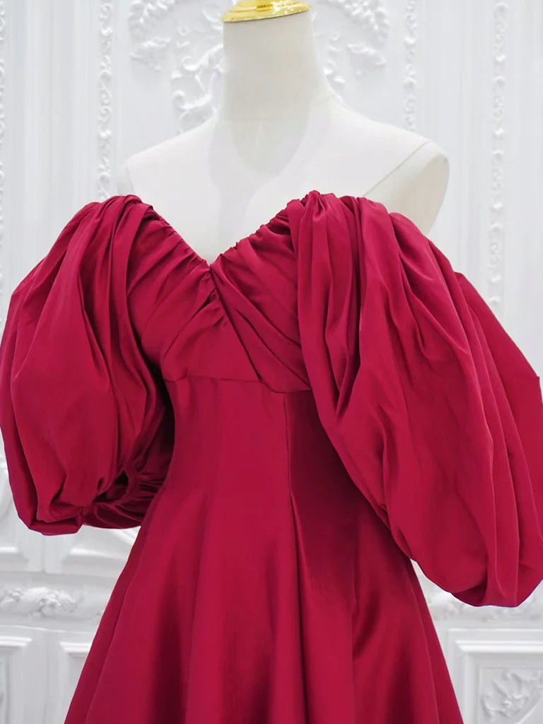A-Line Puff Sleeves Satin Dark Red Long Prom Dress