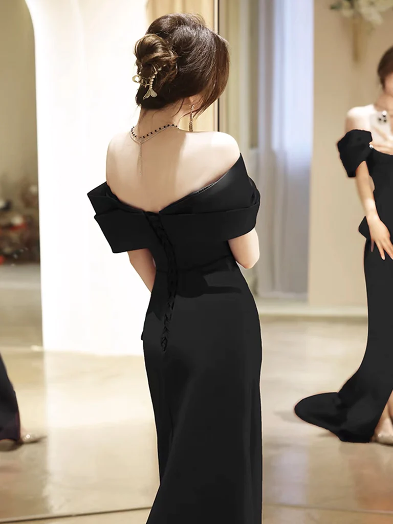 Simple Off Shoulder Satin Mermaid Black Long Prom Dress