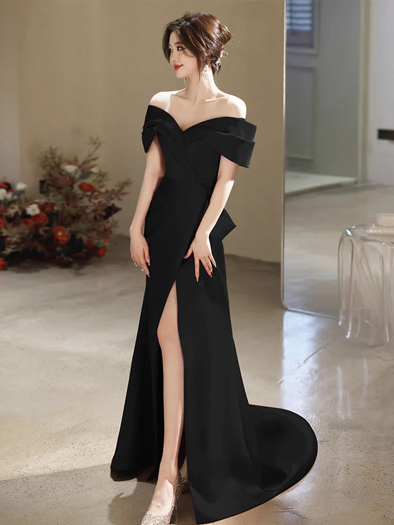 Simple Off Shoulder Satin Mermaid Black Long Prom Dress