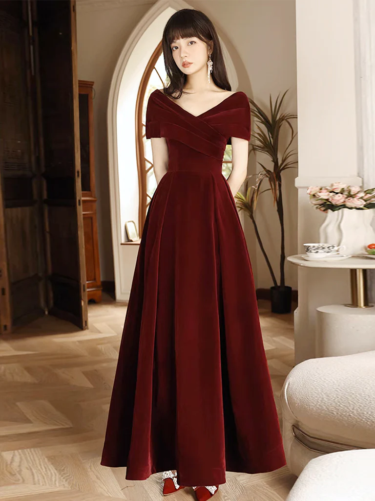 Simple V Neck Velvet Burgundy Long Prom Dress
