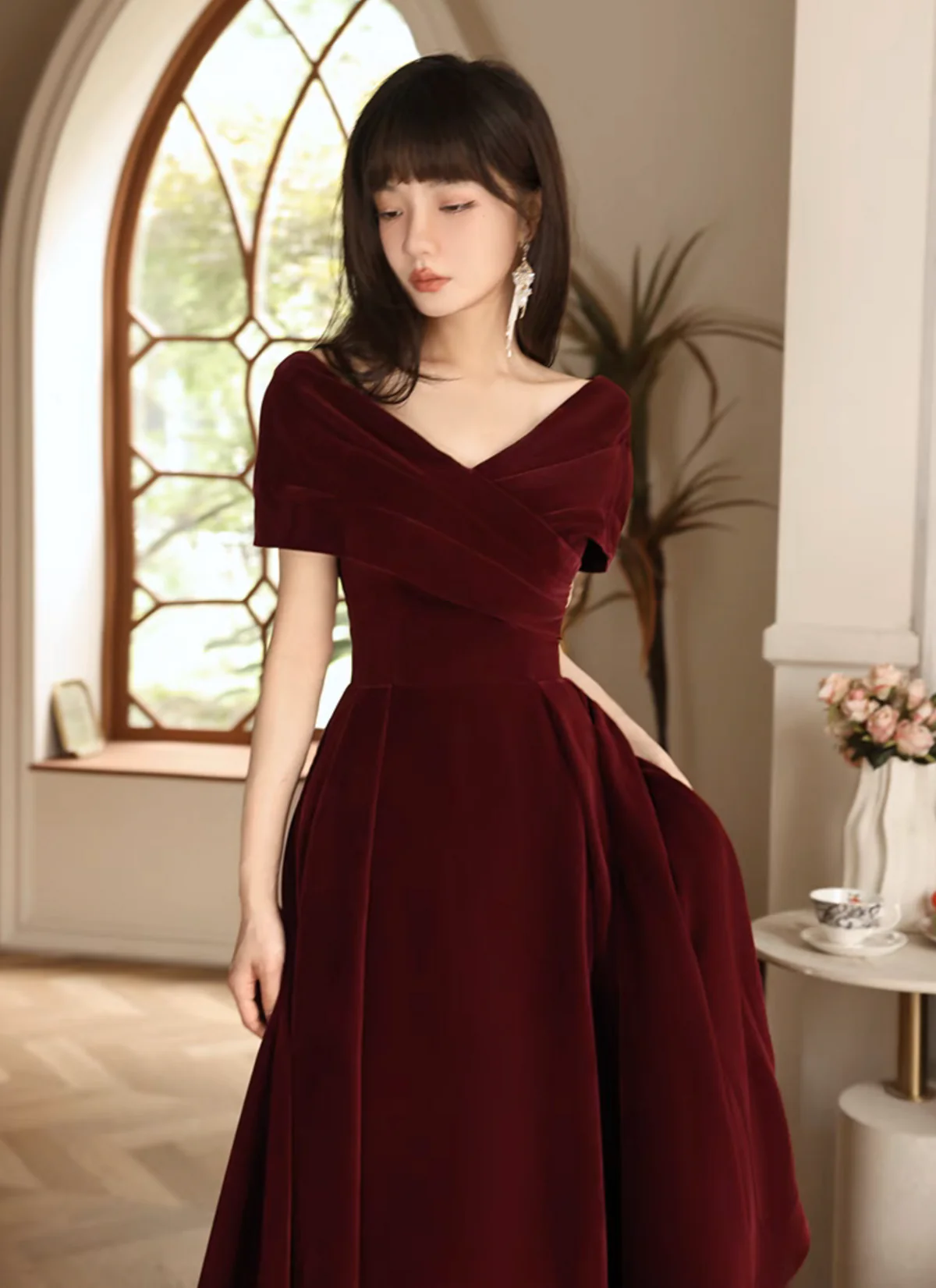 Simple V Neck Velvet Burgundy Long Prom Dress