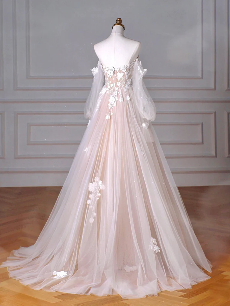 A-Line Long Sleeves Tulle Lace Champagne Long Prom Dress
