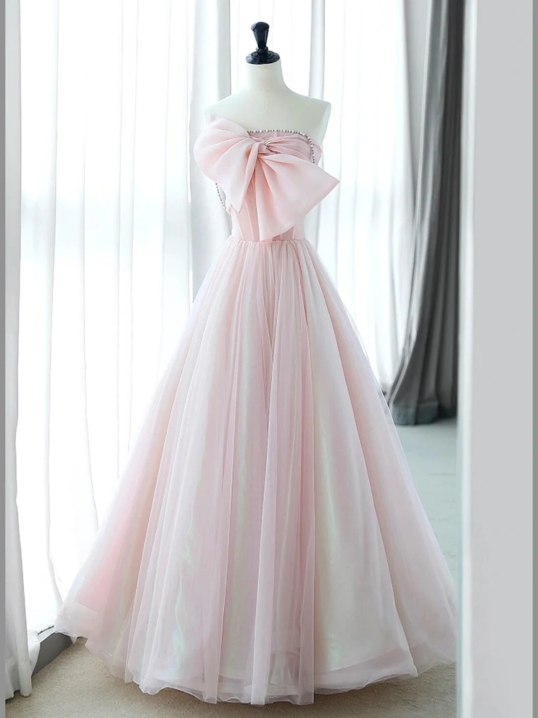 A-Line Pink Organza Long Prom Dress