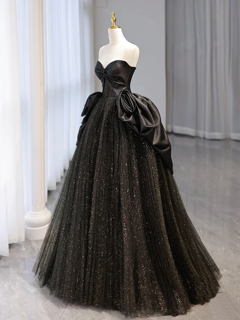 Black Sweetheart Neck Satin Tulle Long Prom Dress