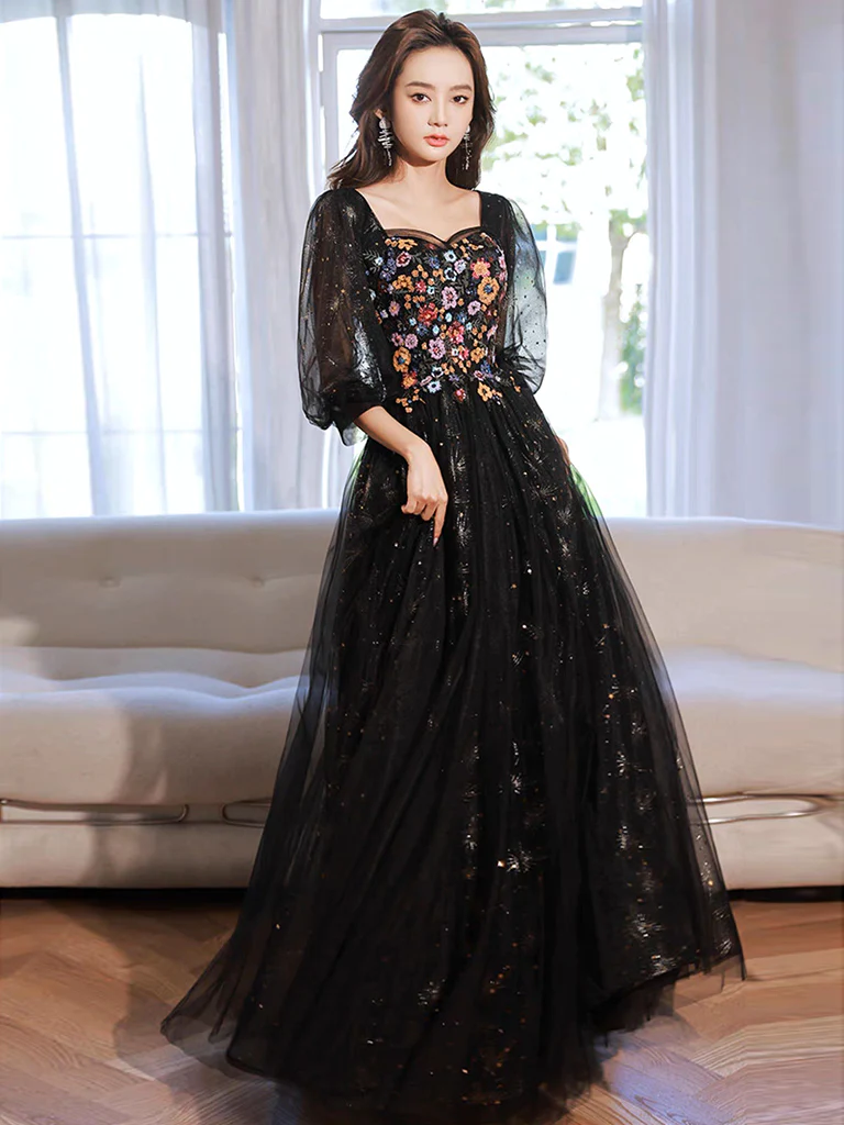 A-Line long sleeves Tulle Lace Black Long Prom Dress