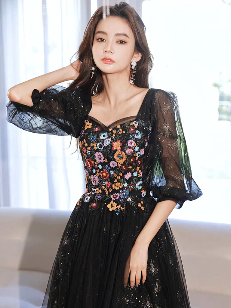 A-Line long sleeves Tulle Lace Black Long Prom Dress